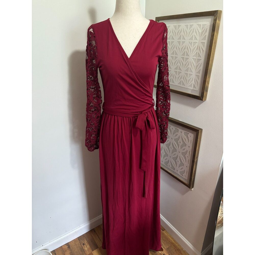 Zattcas Red Lace Long Sleeve Wrap Dress Midi‎ Fit Flare XS Romantic Burgundy